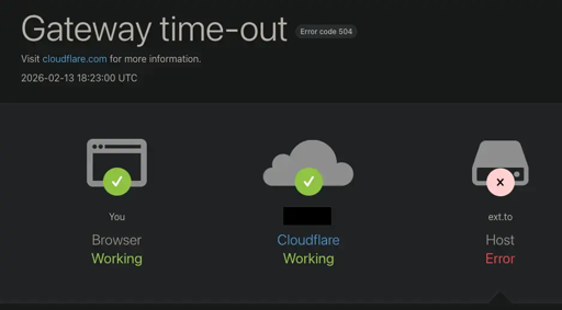 A screenshot of Cloudflare gateway time-out error while trying to reach ext.to