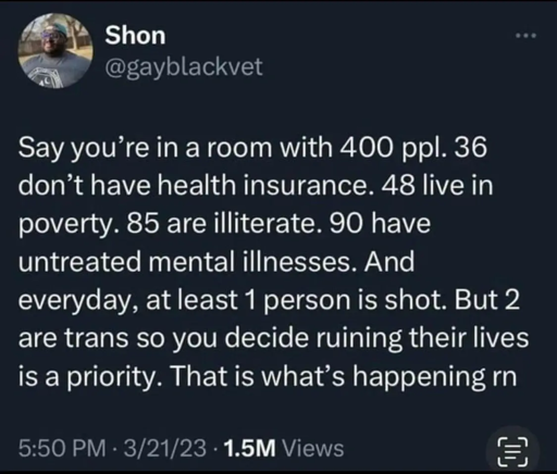 Say you're in a room with 400 ppl. 36 don't have health insurance. 48 live in poverty. 85 are illiterate. 90 have untreated mental illnesses. And everyday, at least 1 person is shot. But 2 are trans so you decide ruining their lives is a priority. That is what's happening rn 